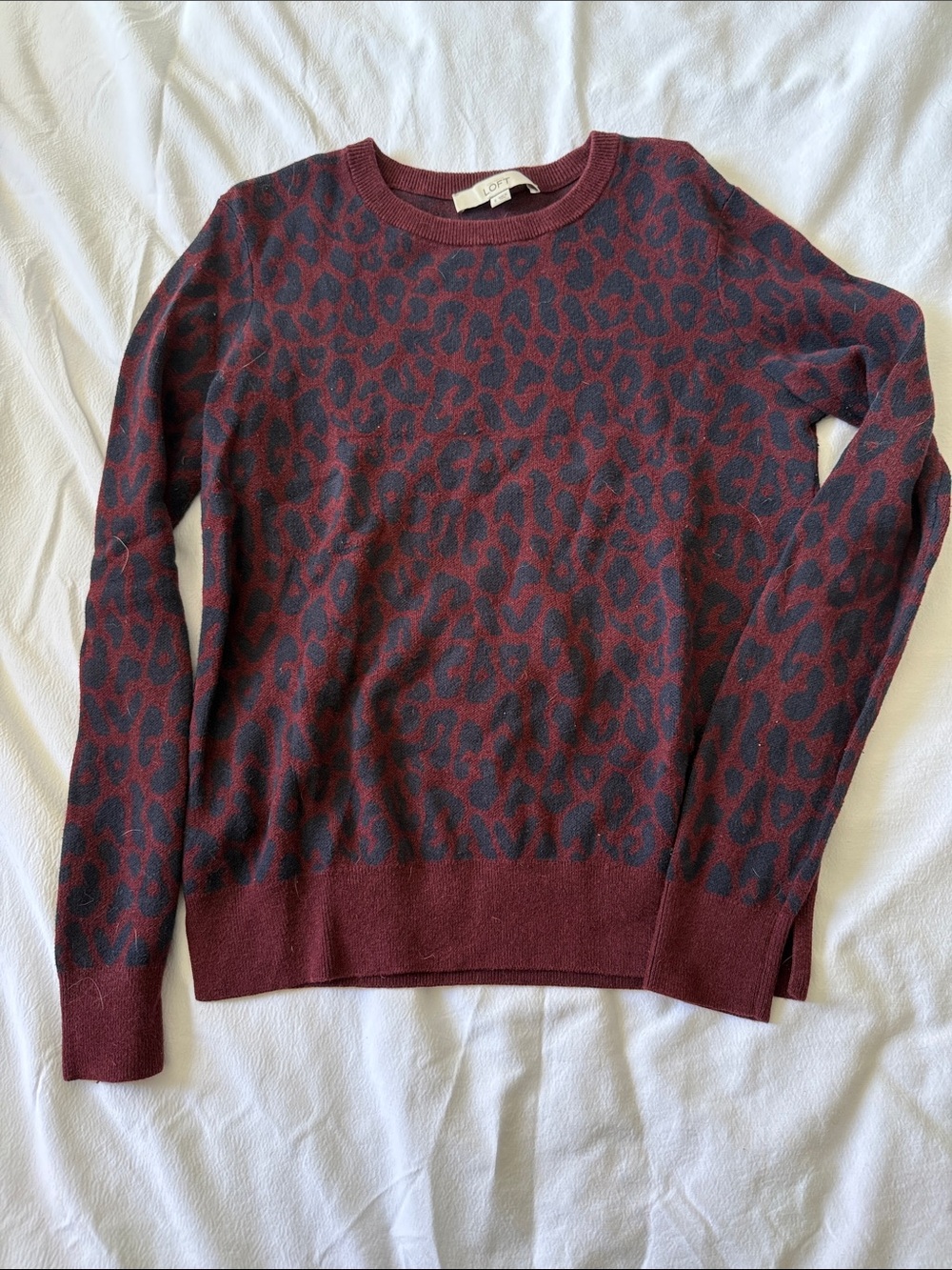 LOFT Burgundy and Navy Leopard Print Crewneck Sweater